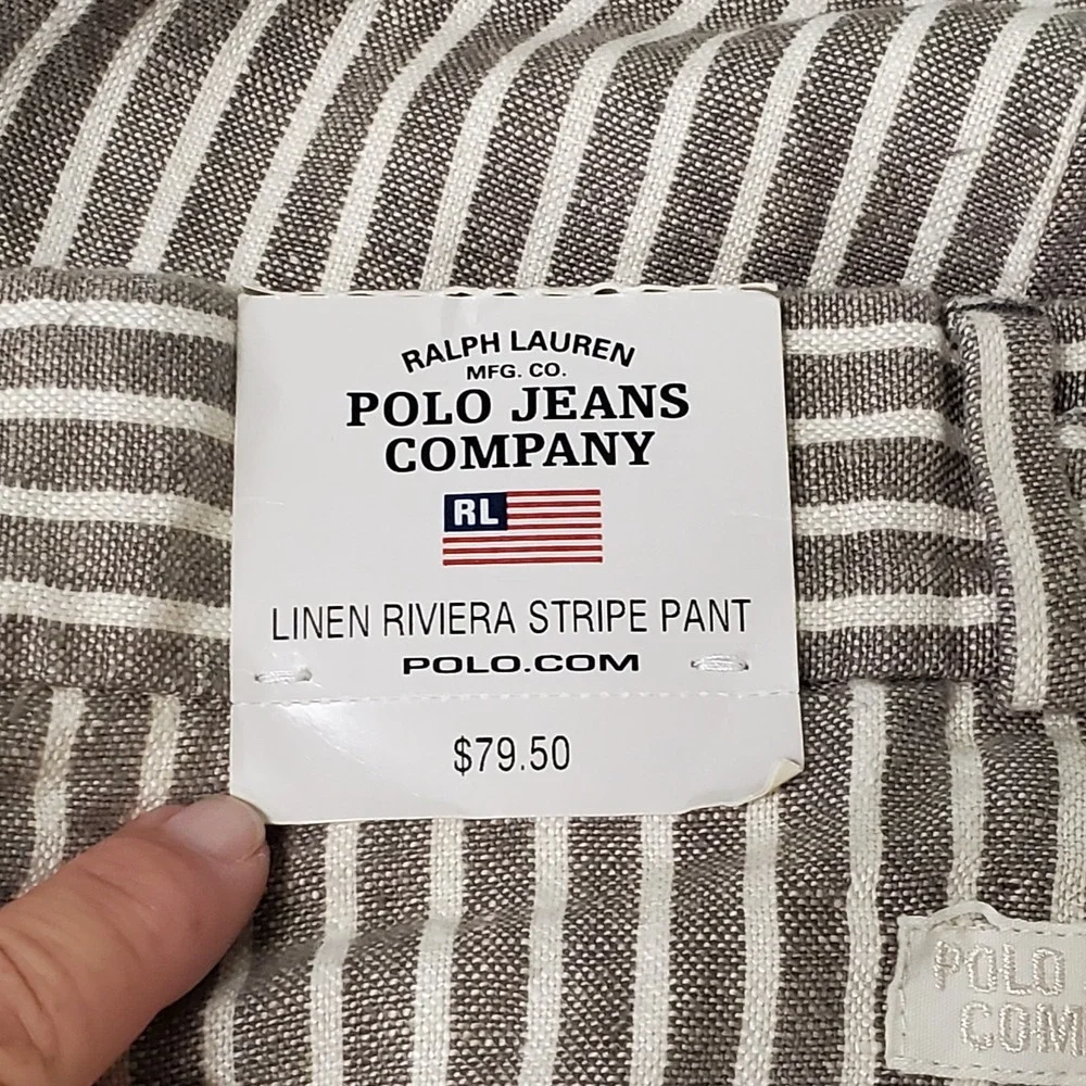 Polo Jean Company Mens Linen Riviera Striped Pants Size 38x34 Brown Button Fly